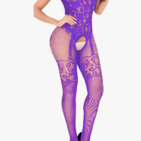 Purple Floral Pattern Fishnet Bodysuit - Picture 4 of 7